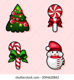 Cute vector set with christmas illustrations and icons: christmas tree,candy, snowman, Isolated on plain background