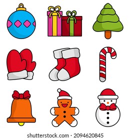 Cute vector set with christmas illustrations and icons: lamp, present, christmas tree, gloves, candy, snowman, Isolated on white background