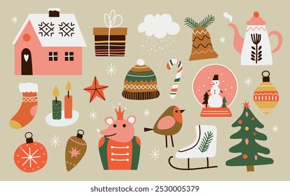 Cute vector set with Christmas illustrations. Gifts, House, Christmas tree, Rat king, Christmas decorations, Candles, Hat, Skates. New year's decoration elements.