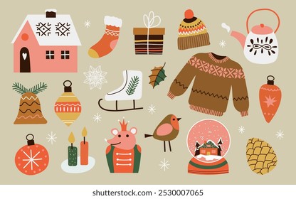 Cute vector set with Christmas illustrations. Gifts, house, Christmas tree, rat king, Christmas decorations, sweater, pine cone, candles, hat, skates,  bird, cloud. New year's decoration elements.