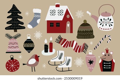 Cute vector set with Christmas illustrations. Gifts, House, Christmas tree, Rat king, Scarf, Christmas decorations, Candles, Hat, Skates. New year's decoration elements.