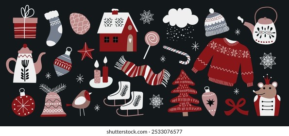 Cute vector set with Christmas illustrations. Gifts, House, Christmas tree, Rat king, Scarf, Christmas decorations, Candles, Hat, Skates. New year's decoration elements.