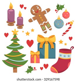 Cute vector set of Christmas and New Year theme elements, bright cartoon holiday symbols isolated on white