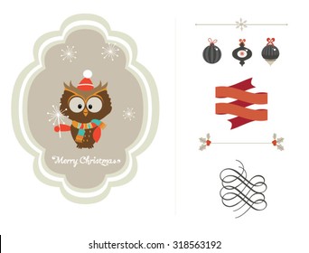 Cute vector set of Christmas ornaments and decorative elements, vintage banner, ribbon, labels, frames, badge, stickers. Vector Christmas element with retro vintage styled design.