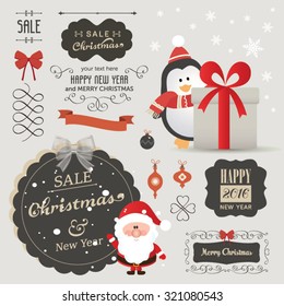 Cute vector set of Christmas ornaments and decorative elements, vintage banner, ribbon, labels, frames, badge, stickers. Vector Christmas element with retro vintage styled design.