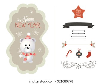 Cute vector set of Christmas ornaments and decorative elements, vintage banner, ribbon, labels, frames, badge, stickers. Vector Christmas element with retro vintage styled design.