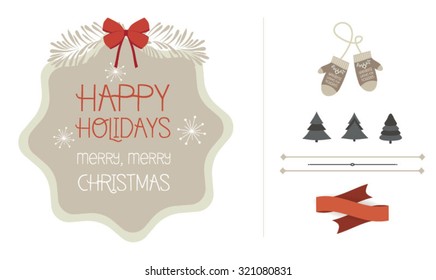 Cute vector set of Christmas ornaments and decorative elements, vintage banner, ribbon, labels, frames, badge, stickers. Vector Christmas element with retro vintage styled design.