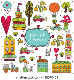 Cute vector set with city and bunnies.