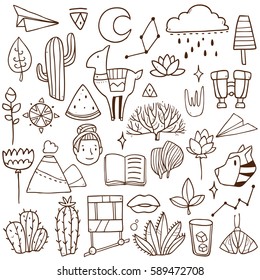 Cute vector set collection with Chile elements like llama, cactuses, flowers, drinks, ice cream , book and so on