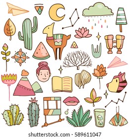 Cute vector set collection with Chile elements like llama, cactuses, flowers, drinks, ice cream , book and so on