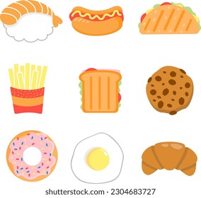 Cute vector set. Collection food on white background. Sushi quesadilla go dog French fries sandwich cookie donut egg croissant. 