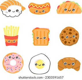 Cute vector set. Collection of smiling food with faces on white background. Sushi, quesadilla, go dog, French fries, sandwich, cookie, donut, egg, croissant. 