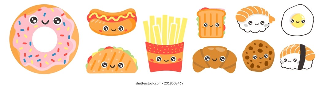 Cute vector set. Collection of smiling food with faces on white background. Sushi, quesadilla, go dog, French fries, sandwich, cookie, donut, egg, croissant. 