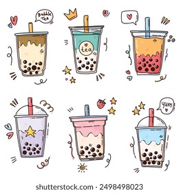 cute vector set of colorful bubble tea, fun elements, doodles for menu, prints or cafe