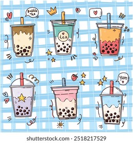 cute vector set of colorful bubble tea, fun elements, cartoon illustration for menu, prints or cafe