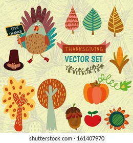 Cute vector set of colorful cartoon icons Thanksgiving day.