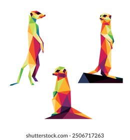 Cute Vector Set Colorful Polygonal Low Poly of Meerkat. Meerkat Animal in Colorful Abstract Logo Collection. Collection of Meerkat Colorful Illustration
