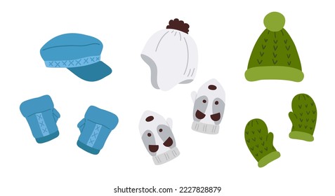 Cute vector set of colorful winter various hats and gloves in pair