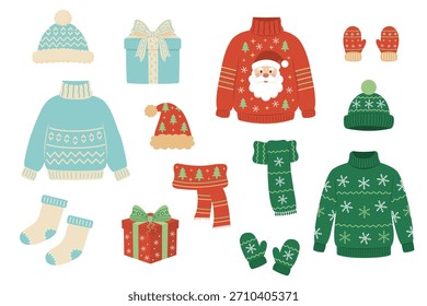 A cute vector set of cozy Christmas clothes and accessories. Includes ugly sweaters, hats, scarves, socks, mittens, and gift boxes in a flat winter style.