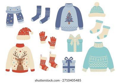 A cute vector set of cozy Christmas clothes and accessories. Includes ugly sweaters, hats, scarves, socks, mittens, and gift boxes in a flat winter style.