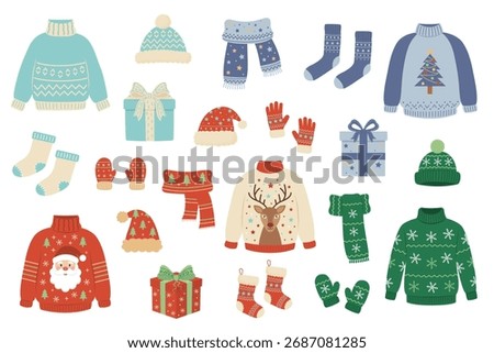 A cute vector set of cozy Christmas clothes and accessories. Includes ugly sweaters, hats, scarves, socks, mittens, and gift boxes in a flat winter style.