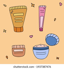 Ilustración de vector dibujada a mano corta sobre el cuidado de la belleza y cosméticos con botellas, crema, máscara facial para la piel