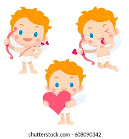 Cute Vector set of Cupid with Bow Arrows and a Heart Isolated on White Background