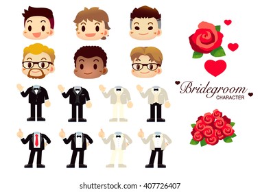Cute Vector Set of Customizable Bridegroom Character with flower, isolated on White Background