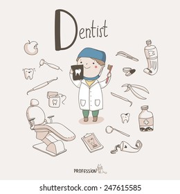 Cute vector set of Dentist with different dental equipment isolated on the light background. 