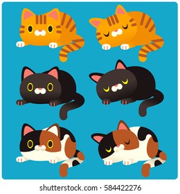 Cute Vector Set of Different Cats Crouching, Sleeping.