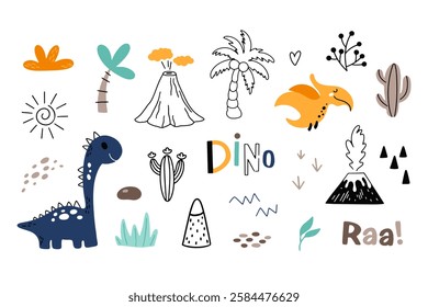Cute vector set with different dinosaurs, mountains, volcanoes, palm trees, clouds, eggs, footprints. Vector illustration. Creative children's animals.
