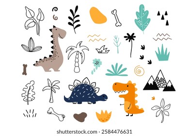 Cute vector set with different dinosaurs, mountains, volcanoes, palm trees, clouds, eggs, footprints. Vector illustration. Creative children's animals.