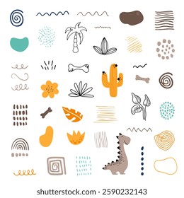 Cute vector set with different dinosaurs, mountains, volcanoes, palm trees, clouds, eggs, footprints. Vector illustration. Creative children's animals.	
