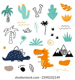 Cute vector set with different dinosaurs, mountains, volcanoes, palm trees, clouds, eggs, footprints. Vector illustration. Creative children's animals.	
