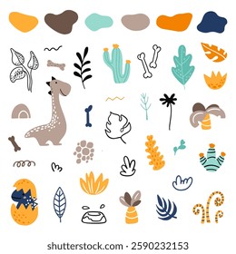 Cute vector set with different dinosaurs, mountains, volcanoes, palm trees, clouds, eggs, footprints. Vector illustration. Creative children's animals.	
