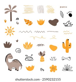 Cute vector set with different dinosaurs, mountains, volcanoes, palm trees, clouds, eggs, footprints. Vector illustration. Creative children's animals.	
