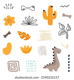 Cute vector set with different dinosaurs, mountains, volcanoes, palm trees, clouds, eggs, footprints. Vector illustration. Creative children's animals.	
