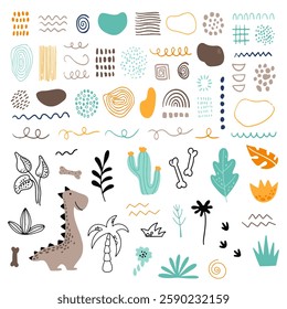Cute vector set with different dinosaurs, mountains, volcanoes, palm trees, clouds, eggs, footprints. Vector illustration. Creative children's animals.	
