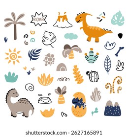 Cute vector set with different dinosaurs, mountains, volcanoes, palm trees, clouds, eggs, footprints. Vector illustration. Creative children's animals