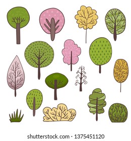 Cute vector set of different trees. Hand drawn vector