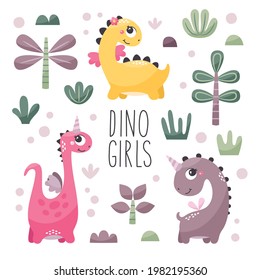 Juego de vectores con dinosaurias con plantas, árboles, arbustos, piedras en colores a la moda