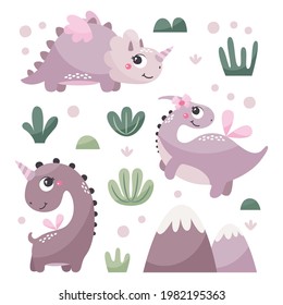 Cute Vector Set with Dinosaur Girls with plants, trees, bushes, mountains stones in trendy colors