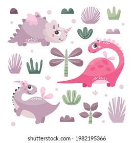 Cute Vector Set with Dinosaur Girls with plants, trees, bushes, stones in trendy colors