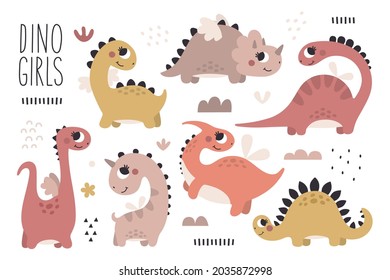 Cute Vector Set mit Dinosaurier Girls mit Pflanzen, Bäumen, Büschen, Steinen in trendy Boho-Farben