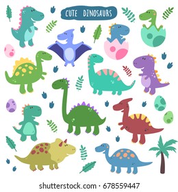 Cute vector set with dinosaurs. Funny smiling animals, footprins, eggs, baby, palm. 