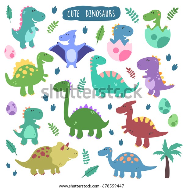 Cute Vector Set Dinosaurs Funny Smiling Stock Vector (Royalty Free ...