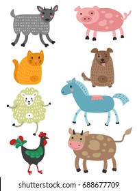Cute vector set with domestic country animals: cow, rooster, pig, horse, cat, dog, goat, sheep. Lovely beasts on a white background, zoo, farm, children's print for clothes, cloth, office