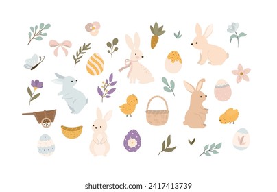 Cute vector set of Easter celebration elements. Bunny, basket, chicken, flowers, eggs, etc. in pastel colors isolated on white background