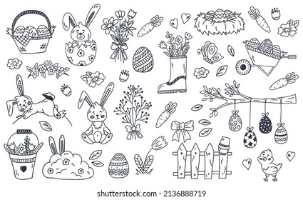 Cute vector set of Easter doodles: bunnies, baskets, Easter eggs, chickens, carrots, leaves, flowers, butterflies.