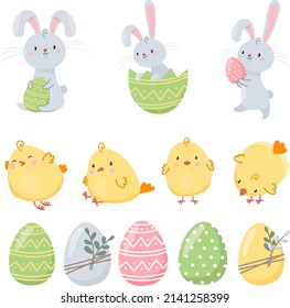 Cute vector set for the Easter holiday. Bunnies with Easter eggs, chickens, Easter eggs. Elements for design on white background 